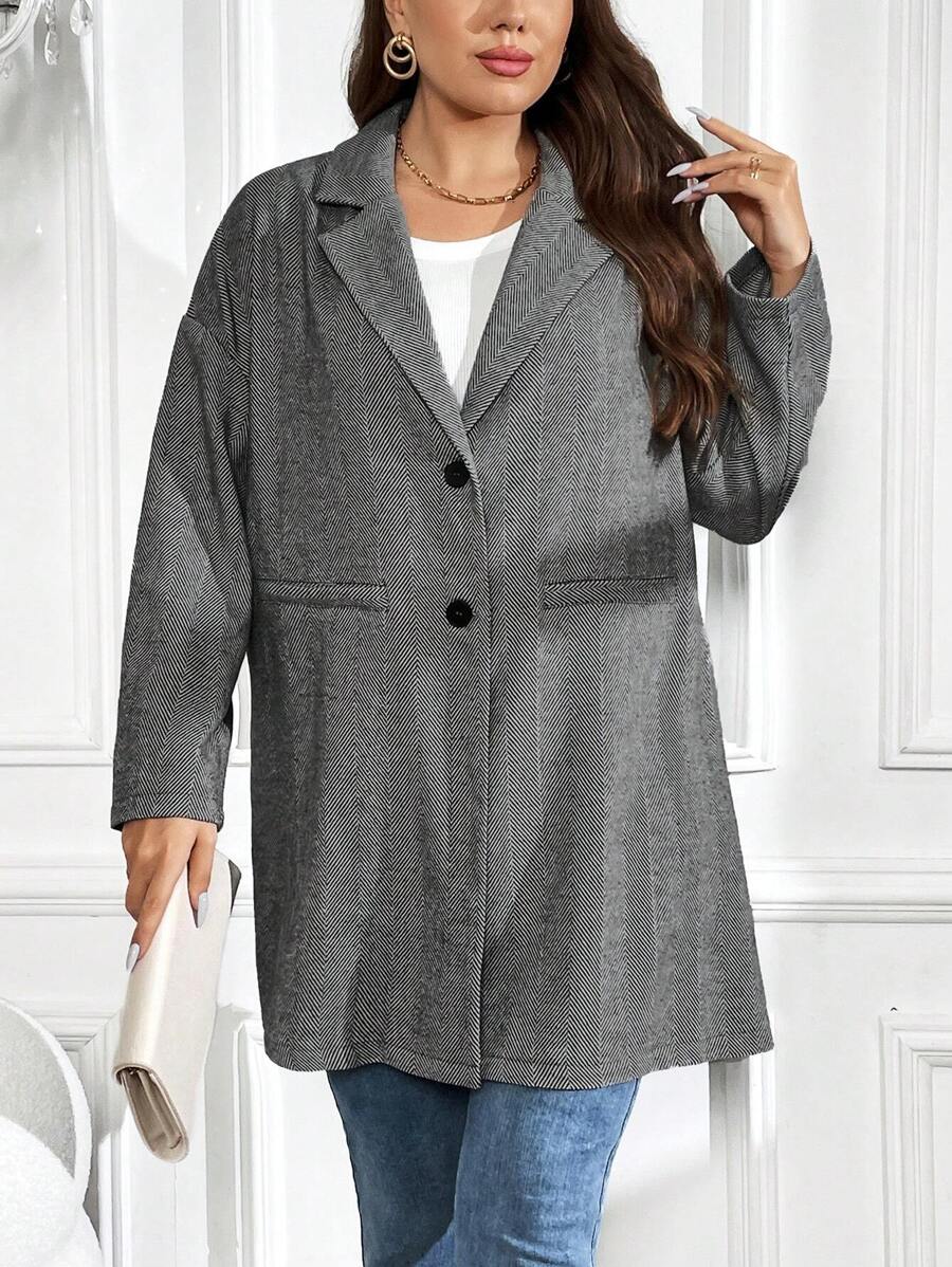 SHEIN Clasi Plus Lapel Neck Drop Shoulder Button Front Overcoat - Dark Grey - View 1