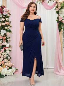 MIUSOL Plus Cold Shoulder Chiffon Wrap Hem Evening Party Fitted Dress Wedding Guest Dress Formal Dress,Gown