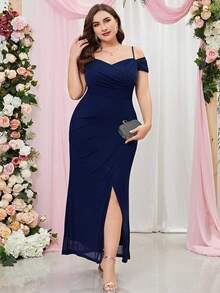 MIUSOL Plus Cold Shoulder Chiffon Wrap Hem Evening Party Fitted Dress Wedding Guest Dress Formal Dress,Gown