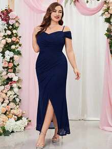 MIUSOL Plus Cold Shoulder Chiffon Wrap Hem Evening Party Fitted Dress Wedding Guest Dress Formal Dress,Gown