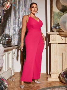 Glamaker Plus Surplice Neck Jumpsuit - Hot Pink - View 5