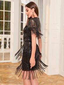 Vintage Tassel Sequin Bodycon Formal Dress Party Dress Wedding Guest Dress - Black - View 5