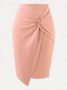 Twist Front Solid Asymmetrical Hem Skirt