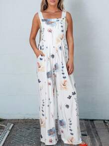 Floral Print Slant Pocket Wide Leg Overall Jumpsuit - Multicolor - View 1