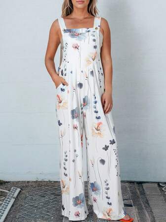 Overall Jumpsuit Blume Muster, schrägen Taschen, breitem Beinschnitt,