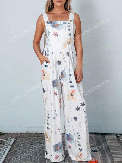 Floral Print Slant Pocket Wide Leg Overall Jumpsuit