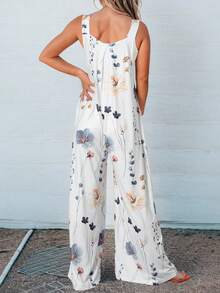 Floral Print Slant Pocket Wide Leg Overall Jumpsuit - Multicolor - View 2