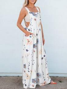Floral Print Slant Pocket Wide Leg Overall Jumpsuit - Multicolor - View 4