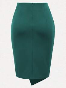 1pc Women's Solid Color Casual Elastic Pencil Skirt, Knot Decor, High Waist Bodycon Skirt, Suitable For Daily, Commuting, Office, School, Holiday Wear - Dark Green - View 3
