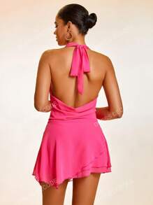 Draped Front Backless Halter Neck Mesh Dress