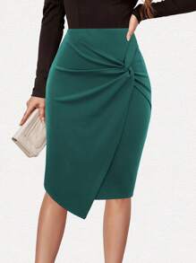1pc Women's Solid Color Casual Elastic Pencil Skirt, Knot Decor, High Waist Bodycon Skirt, Suitable For Daily, Commuting, Office, School, Holiday Wear - Dark Green - View 4