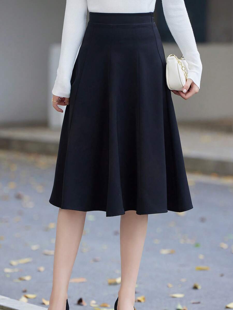 Falda amplia unicolor de talle alto - Negro - Ver 1