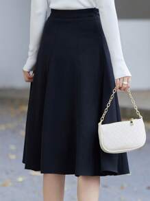 Falda amplia unicolor de talle alto - Negro - Ver 2