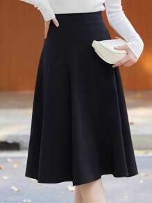 Falda amplia unicolor de talle alto - Negro - Ver 5