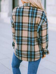 Astylish Women's Casual Plaid Color Block Buttoned Shirt With Pocket Fall Clothes