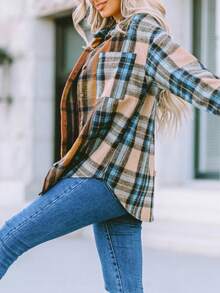 Astylish Women's Casual Plaid Color Block Buttoned Shirt With Pocket Fall Clothes