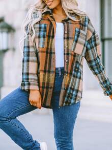 Astylish Women's Casual Plaid Color Block Buttoned Shirt With Pocket Fall Clothes