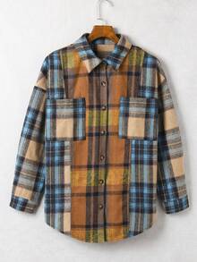 Astylish Women's Casual Plaid Color Block Buttoned Shirt With Pocket Fall Clothes