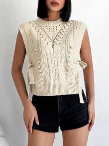 EURMUSE Knot Side Cable Knit Sweater Vest - Beige - View 1
