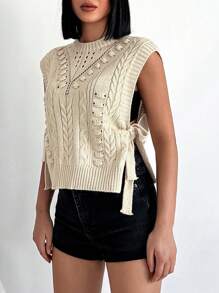 EURMUSE Knot Side Cable Knit Sweater Vest - Beige - View 2