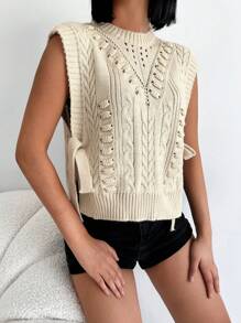 EURMUSE Knot Side Cable Knit Sweater Vest - Beige - View 5