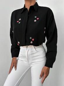 EURMUSE Floral Embroidery Button Front Shirt - Black - View 1