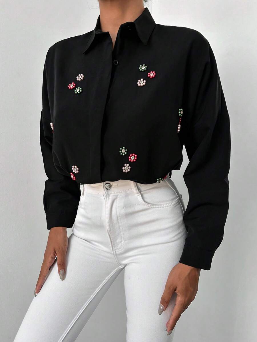 EURMUSE Floral Embroidery Button Front Shirt - Black - View 1