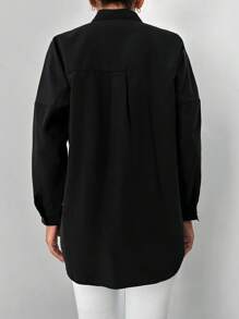 EURMUSE Floral Embroidery Button Front Shirt - Black - View 2