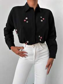 EURMUSE Floral Embroidery Button Front Shirt - Black - View 4