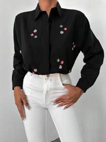 EURMUSE Floral Embroidery Button Front Shirt - Black - View 5