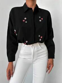 EURMUSE Floral Embroidery Button Front Shirt - Black - View 6