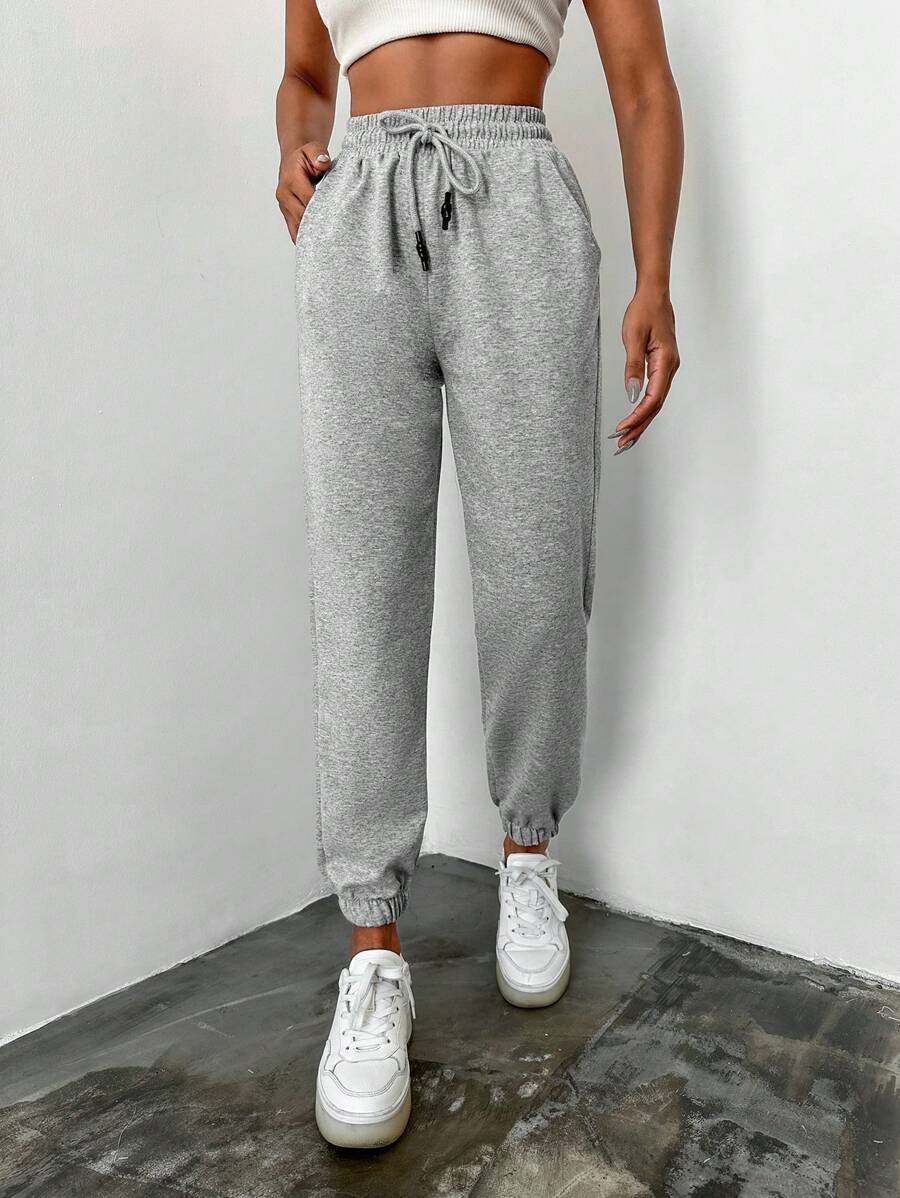 SHEIN Solid Drawstring Waist Slant Pocket Joggers - Grey - View 1