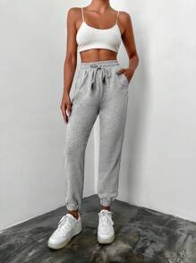 SHEIN Solid Drawstring Waist Slant Pocket Joggers - Grey - View 4