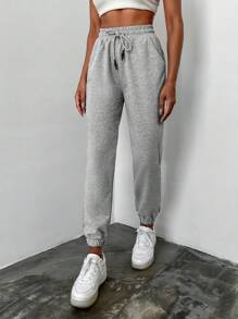 SHEIN Solid Drawstring Waist Slant Pocket Joggers - Grey - View 5