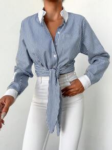 RueChic Striped Print Knot Hem Shirt