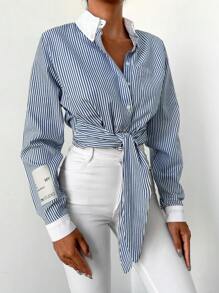 RueChic Striped Print Knot Hem Shirt