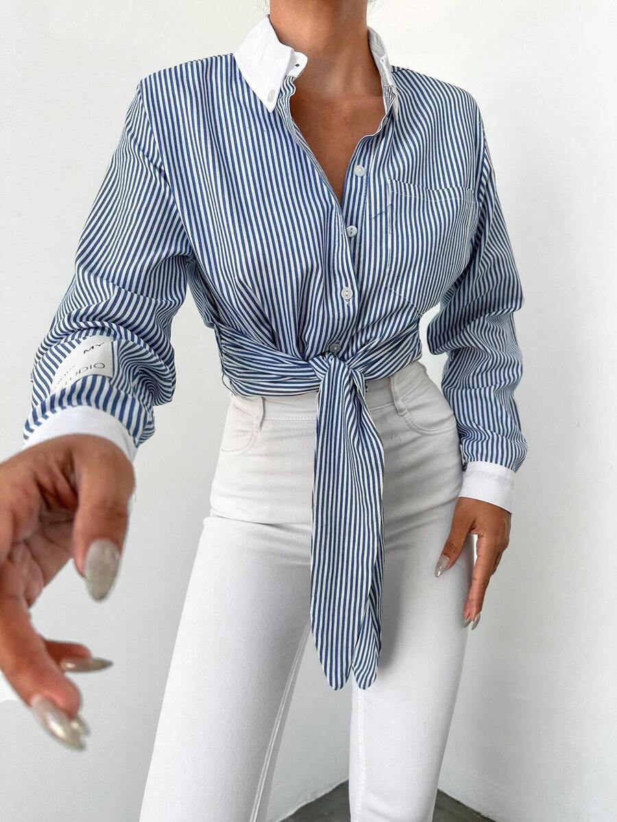 RueChic Striped Print Knot Hem Shirt