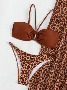 豹紋印花比基尼泳裝附沙灘裙 - 棕色 - 查看 6