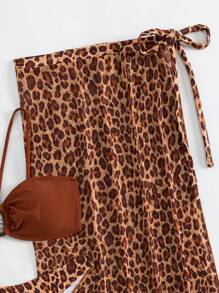 豹紋印花比基尼泳裝附沙灘裙 - 棕色 - 查看 7