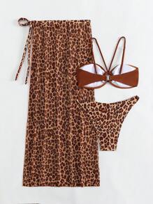 豹紋印花比基尼泳裝附沙灘裙 - 棕色 - 查看 8