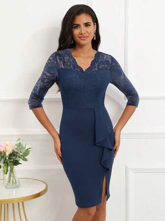 Contrast Lace Draped Detail Split Hem Bodycon Dress