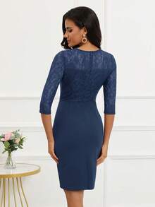 Contrast Lace Draped Detail Split Hem Bodycon Dress - Navy Blue - View 2