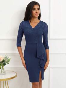 Contrast Lace Draped Detail Split Hem Bodycon Dress - Navy Blue - View 3