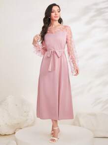 Modelyn Contrast Mesh Belted A-line Dress - Baby Pink - View 1