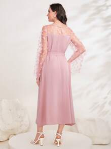 Modelyn Contrast Mesh Belted A-line Dress - Baby Pink - View 2