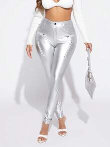 SHEIN SXY 高腰拉鏈細節緊身褲 - 銀色 - 查看 1