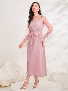 Modelyn Contrast Mesh Belted A-line Dress - Baby Pink - View 3