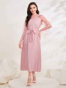 Modelyn Contrast Mesh Belted A-line Dress - Baby Pink - View 4