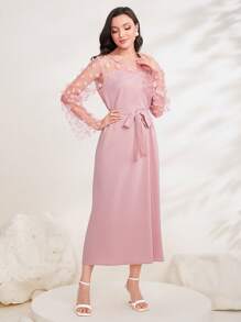 Modelyn Contrast Mesh Belted A-line Dress - Baby Pink - View 5