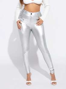 SHEIN SXY 高腰拉鏈細節緊身褲 - 銀色 - 查看 7